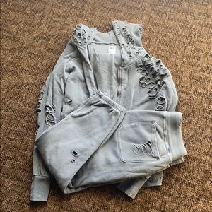 Gray destroyed NSF Sweat suit top and bottoms
